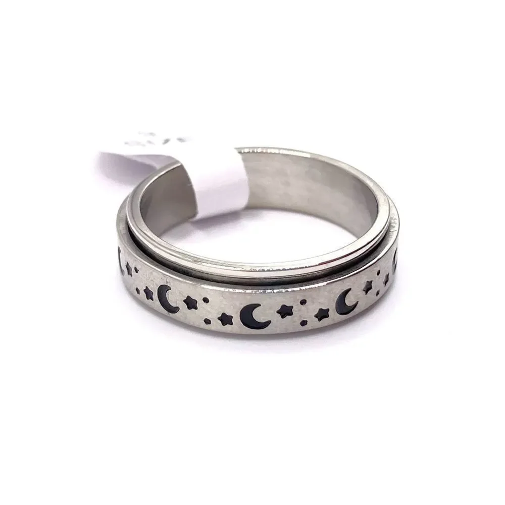 Anti Anxiety Stainless Steel Silver band Moon and Star Fidget Ring Size 9